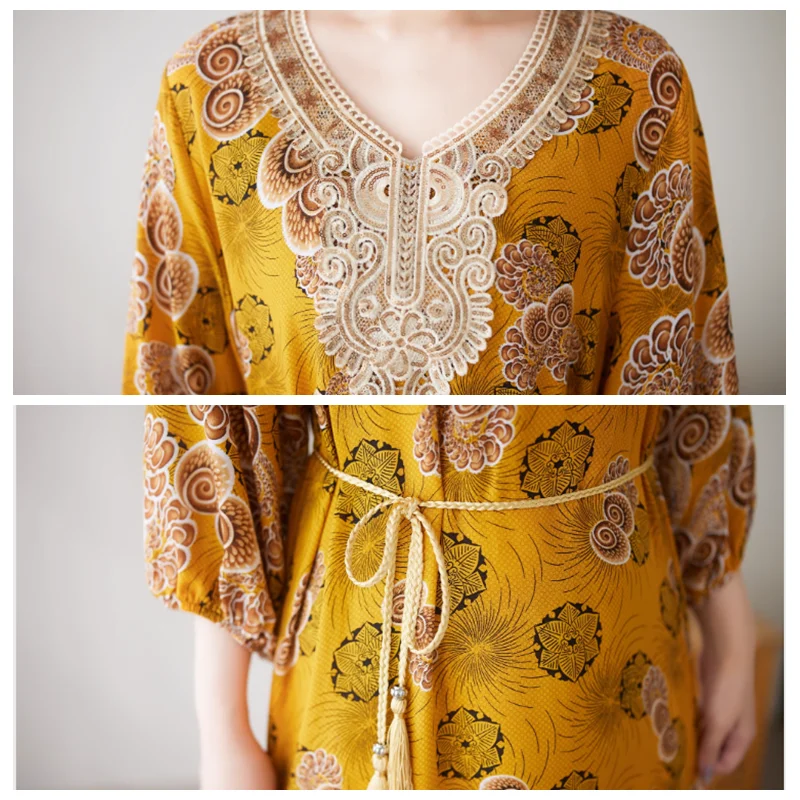 2025 New Casual Loose Lace Cotton Linen Dress Women Summer Printed Boho Beach Long Dress