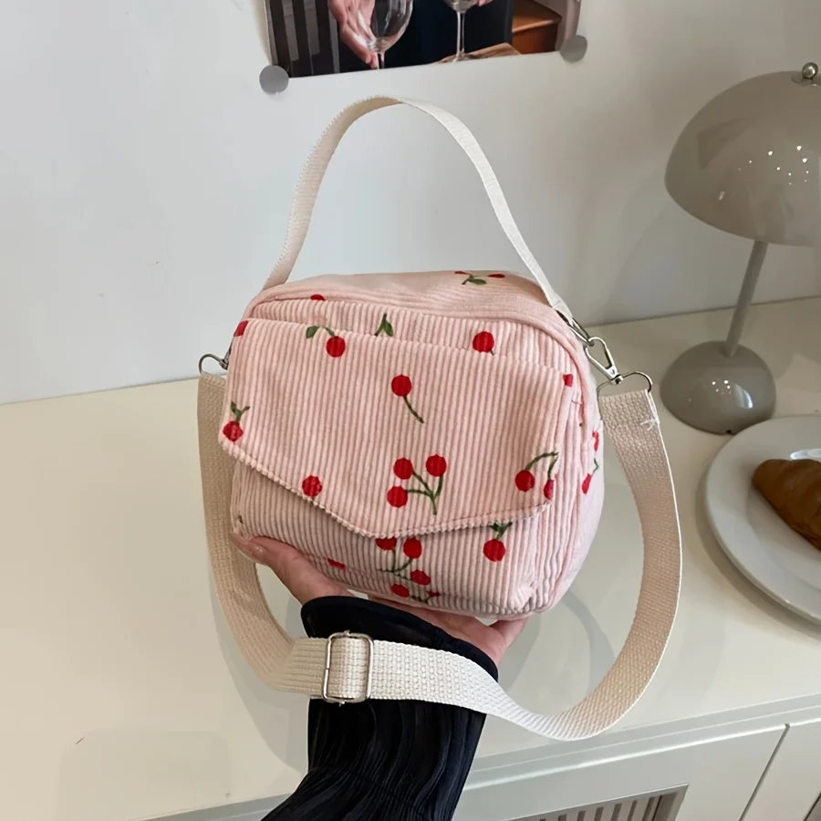 Cute Cherry Print Crossbody Bag, Versatile Corduroy Small Square Bag for Outings, Portable Handbag, Shoulder Bag, Christmas Holiday Gift for Wife or Girlfriend, Storage Bag