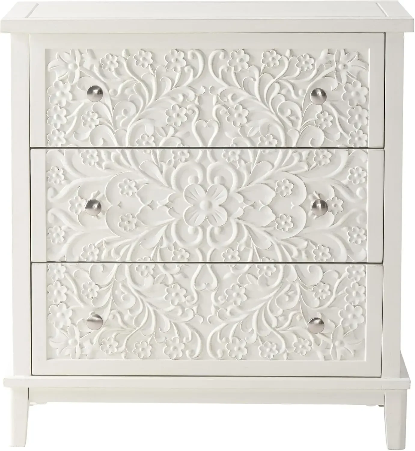 3-Drawer Fully-Assembled Flower Motif Dresser for French Country,Farmhouse, Modern, Rustic Style, Distressed Finish,White-Washed