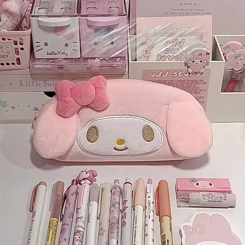 Sanrio Melody-estuche de lápices de gran capacidad, bolsa de cosméticos de felpa para niñas, suministros de papelería para estudiantes