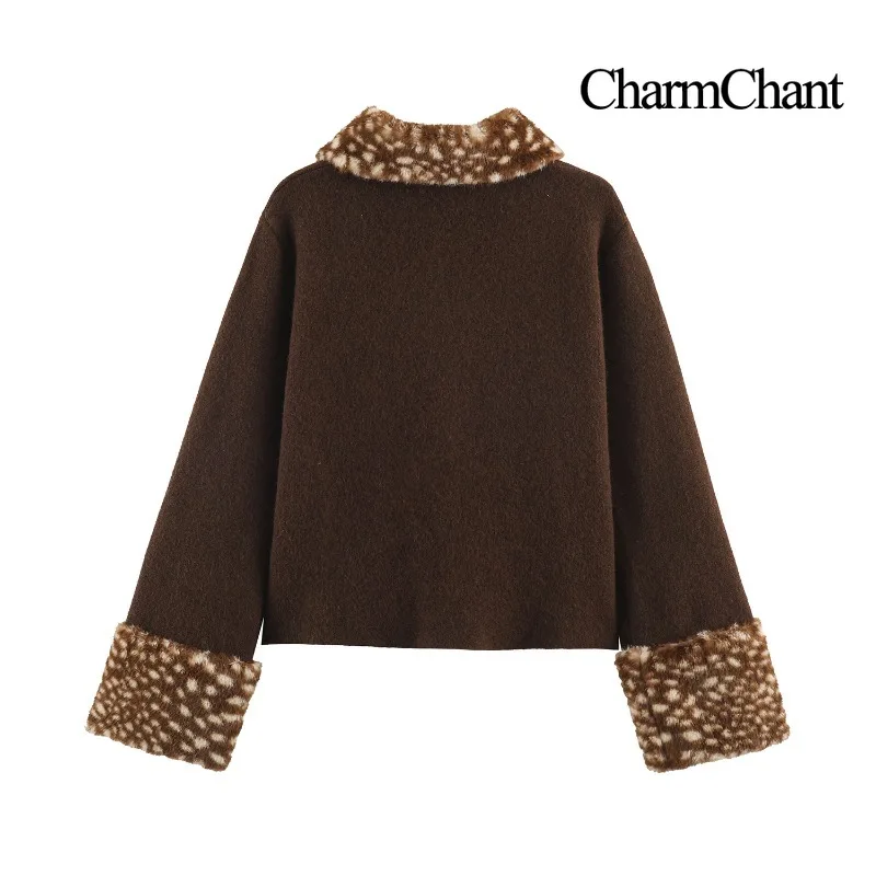 CHARMCHANT Women's Vintage Knit Cardigan Coat Faux Fur Trim Leopard Collar Cuffs Button Outerwear Casual Autumn Winter 2026
