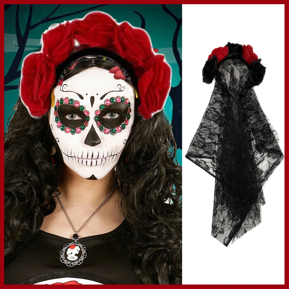 1PCS Black Veil Halloween Rose Flower Headband Costume Cosplay Wedding Mexican Rose Flower Crown Headband Day of The Dead Party