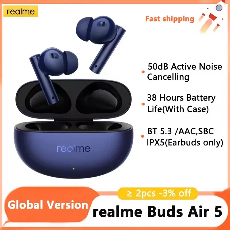 Global Version realme Buds Air 5 TWS Earphone 50dB Active Noise Cancelling True Wireless Bluetooth 5.3 38H Battery Life Headset