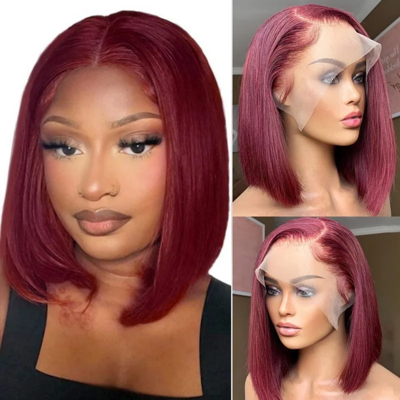 99J Burgundy 13x4 Straight Bob Wig Human Hair Lace Front Wigs Human Hair Short Bob Wine Red Wig 13x4 Transparent Lace Wigs