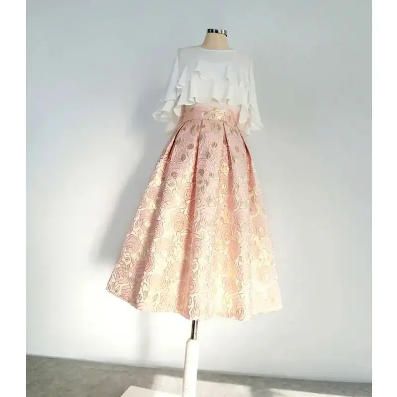 

Women's High Waist Pleated Midi Skirts Temperament Ball Gown 427P Luxury Bright Silk Flower Embroidery Skirt Autumn New Sweet