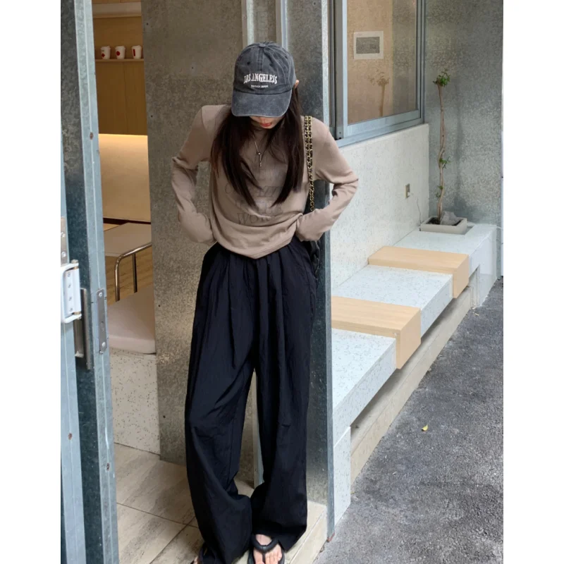 للمرأة قيعان أسود الرباط Sweatpants عادية عالية الخصر مستقيم التطهير السراويل موضة فضفاض واسع الساق بنطلون السيدات Autum #4