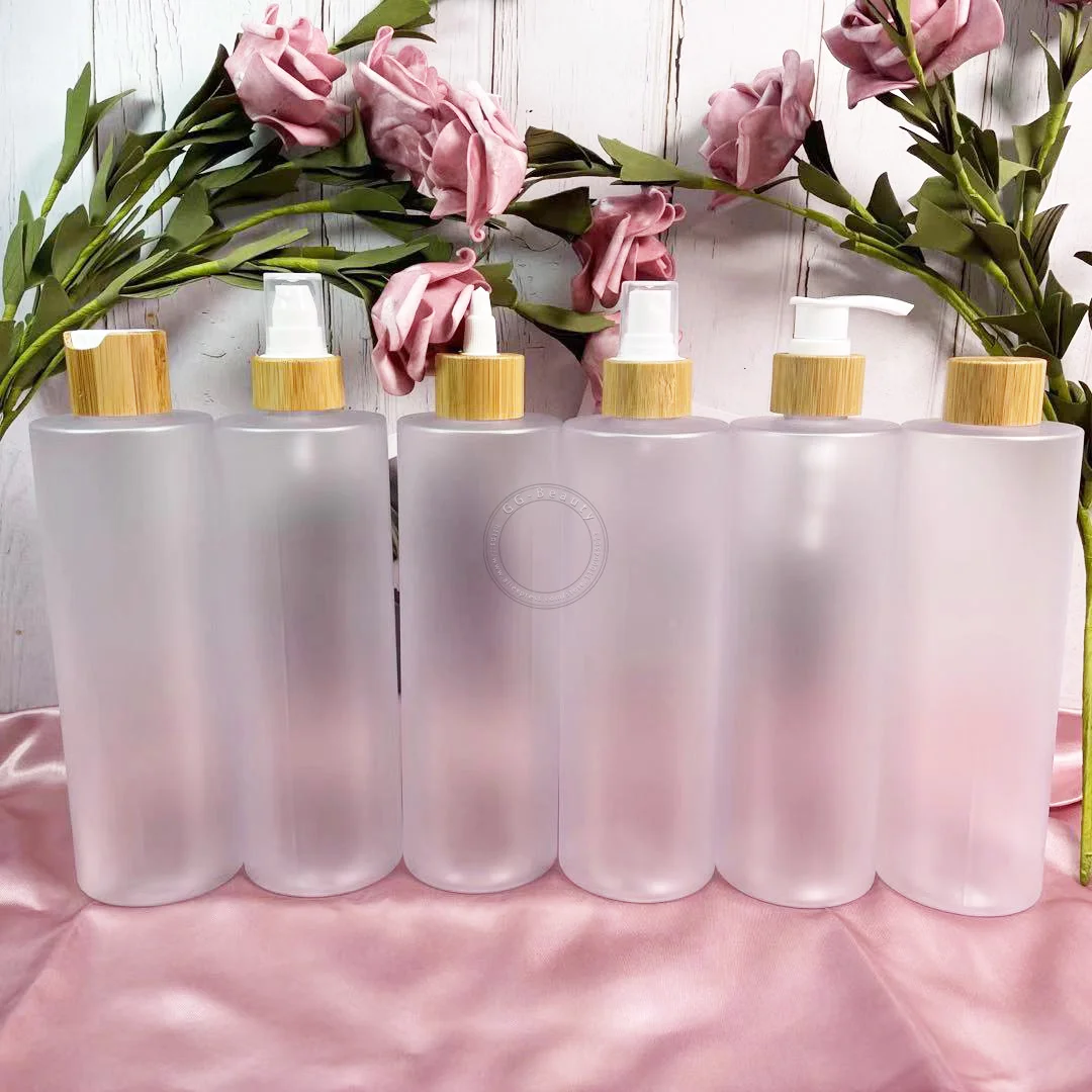 

500ML Empty Frosted Plastic Bottles With Various Bamboo Caps Refillable Atomiser Spray Lotion Pump Bottle Container Packaging Oi