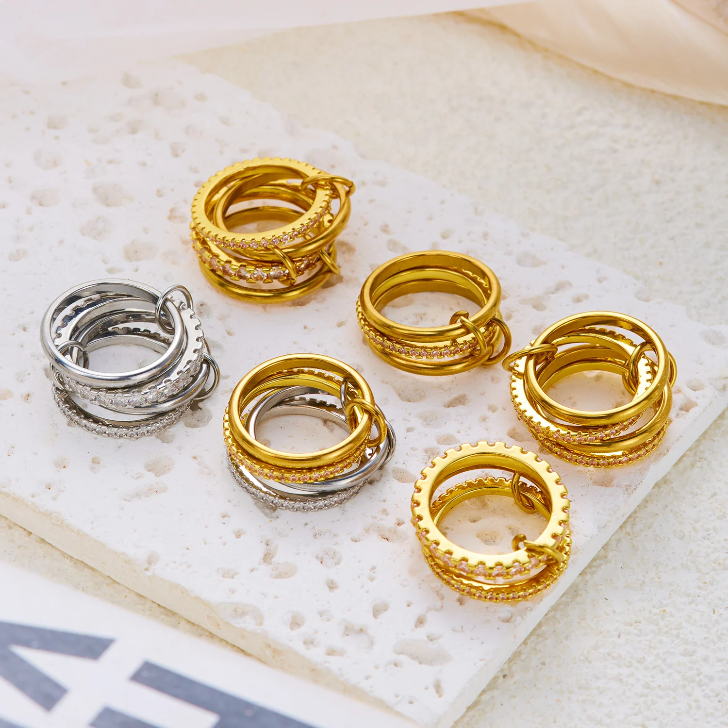 Interlocking Multi Band Two Tone Ring for Women Stainless Steel Tarnish Resistant Gold & Silver Pave Zircon Statement Ring
