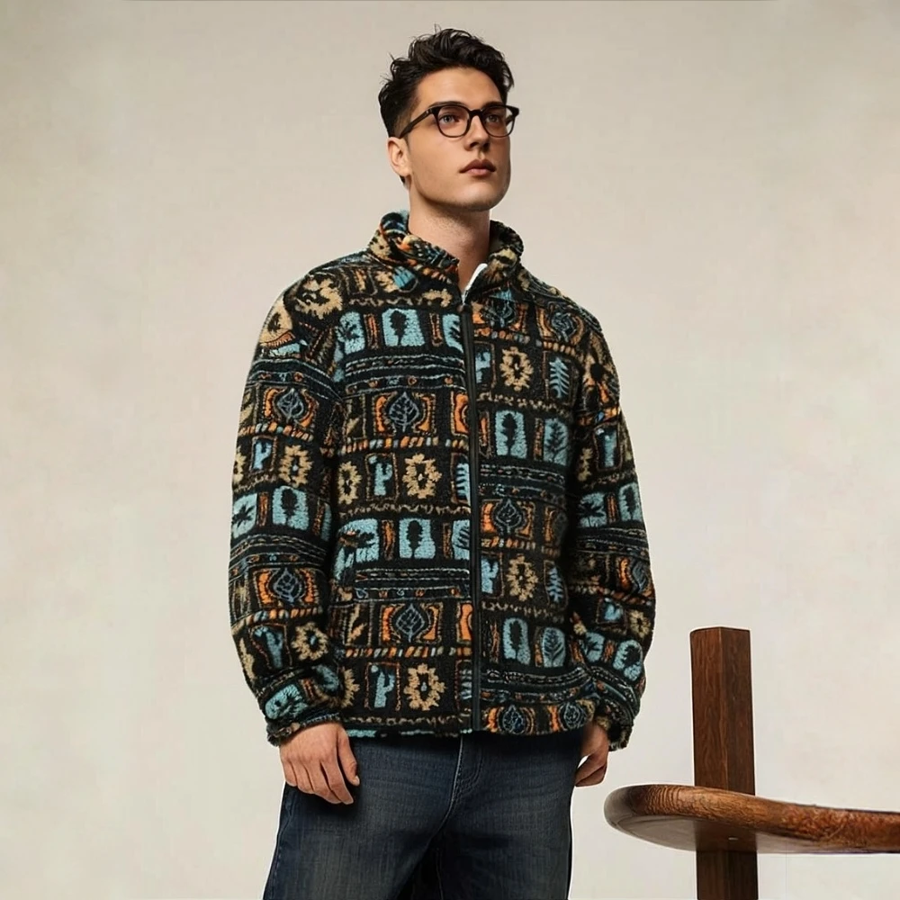 

Plus Size Men's Lamb Velvet Jacket Autumn Winter Trendy Casual Loose Fit Couple Coats Vintage Pattern Hip Hop Thickened Jackets