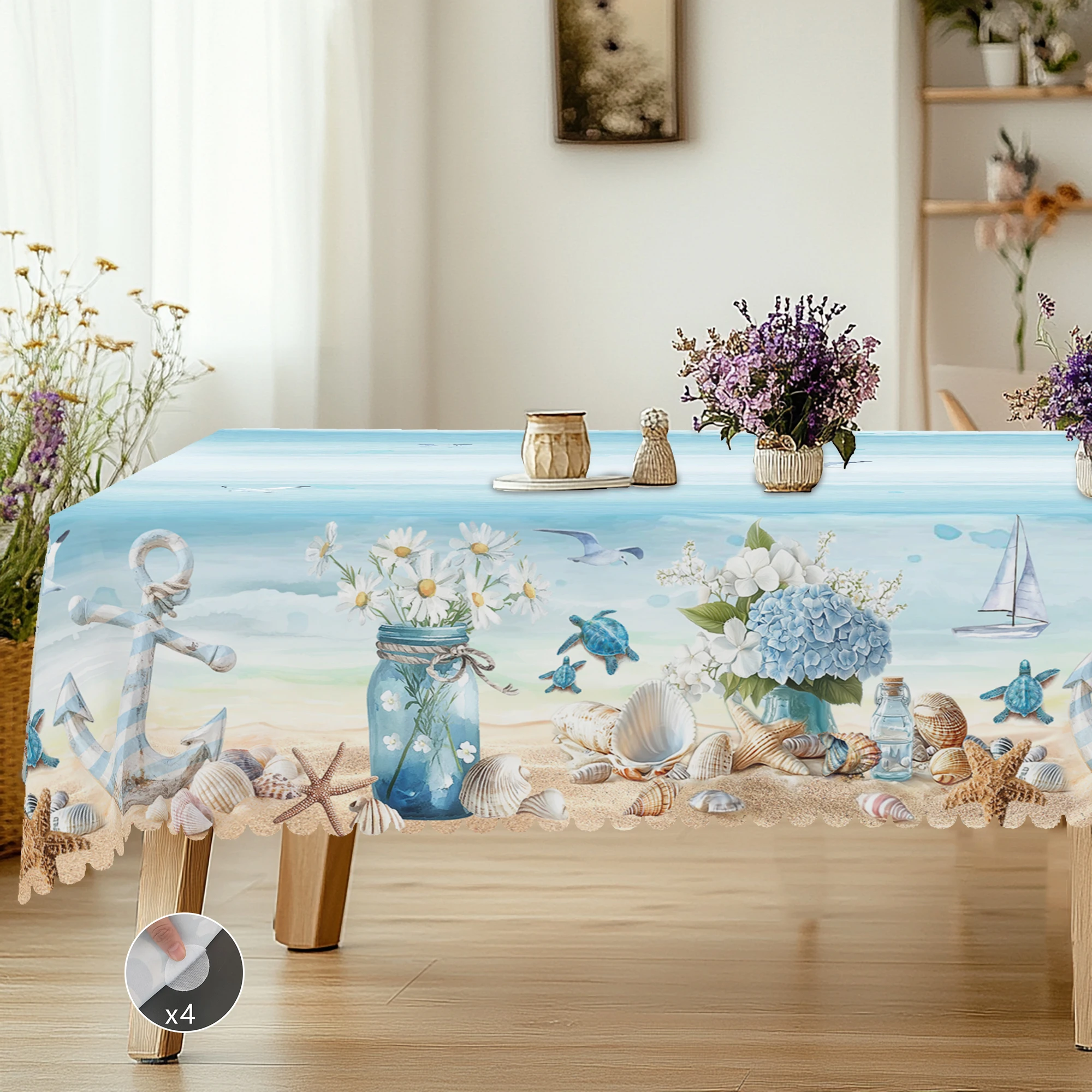 1 Piece Summer Ocean Theme Tablecloth, Ocean, Beach, Anchor, Turtle, Shell Pattern Design, Spring and Summer, Dinner during Holidays, Camping, Vacation and Event Party Decoration and Gift Friends, Kitchen Accessories, Restaurant Terrace, Indoor and Outdoor Tablecloth, Various Sizes Available