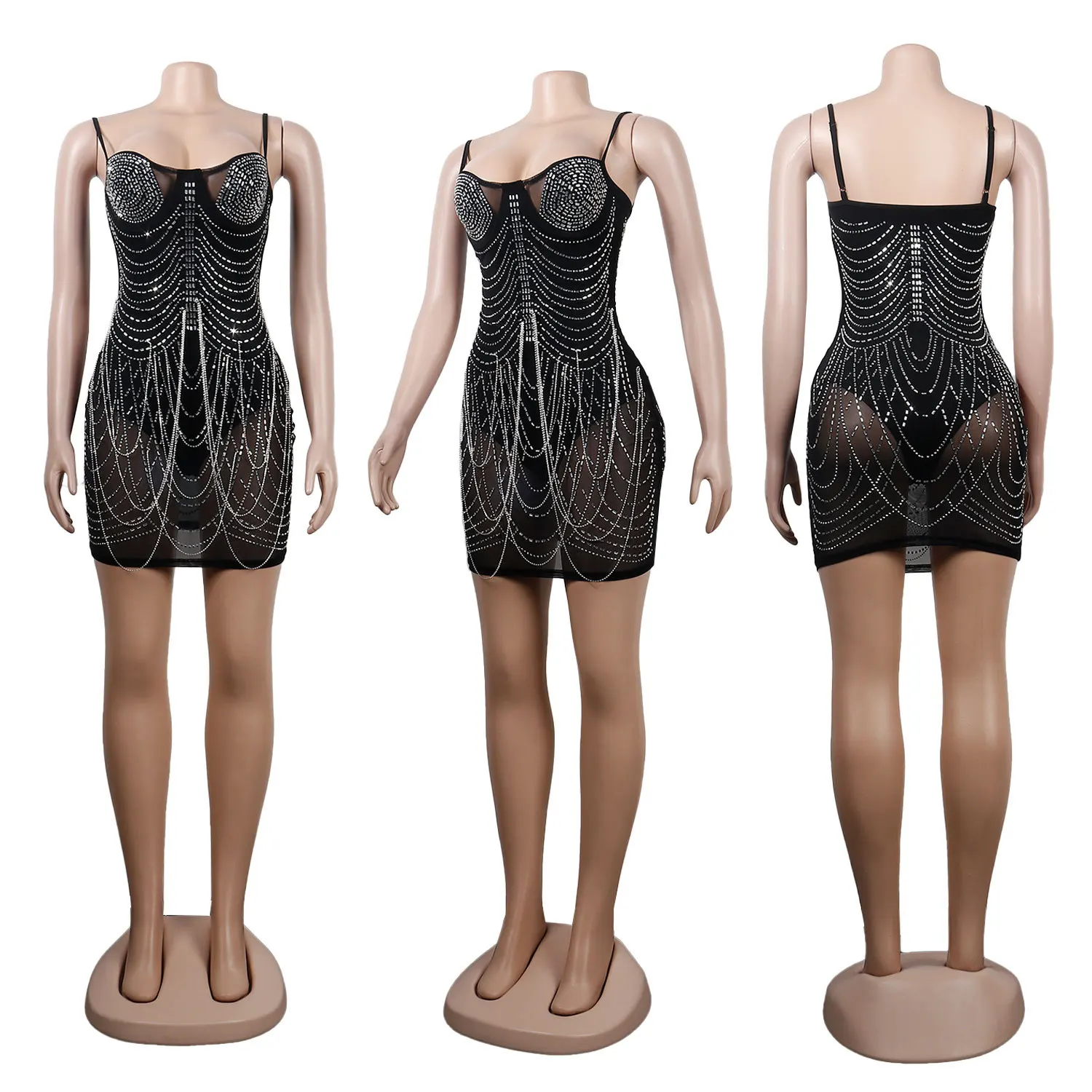 섹시한 Bodycon 복장 여성 여름 민소매 슬림 피트 핫 다이아몬드 드리 워진 드레스 로우 컷 클럽 파티 미니 외장 Camis 드레스