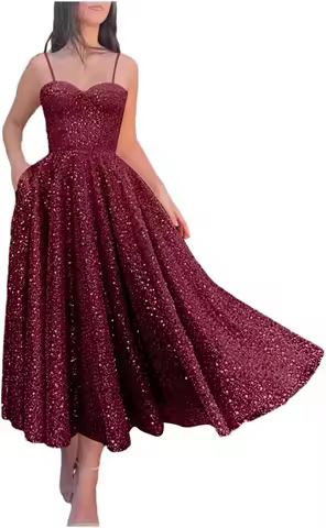 Women Spaghetti Sequin Prom Dress Formal Evening Cocktail Gown A-line Glitter Tea Length Party Homecoming Dress Graduation Dress