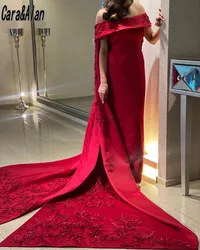 Modest Red Evening Dresses With Train Applique Off The Shoulder Formal Prom Gowns Arabic Dubai Wedding Guest Dress For Women