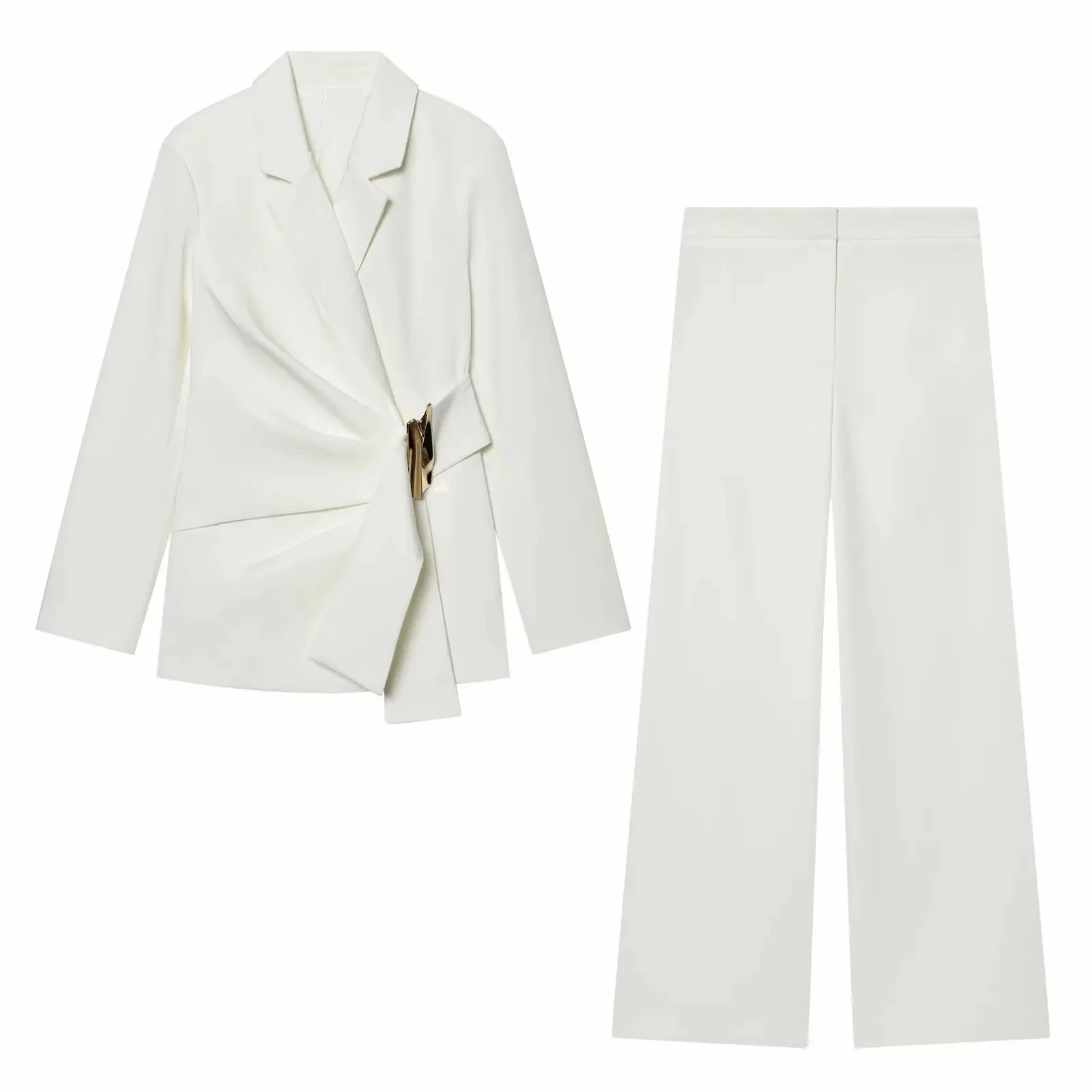 Vrouwen pak broek tweedelige set gesp decoratie lange mouw blazer jas + rechte pijpen broek 2-delige sets chique vrouw outfits