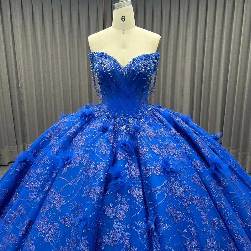 

Блестящее королевское синее платье Quinceanera с открытыми плечами и 3D цветком, кружевная блестящая наклейка, длинный хвост, платья de 15, Quinceanera ﻿ Индивидуальный
