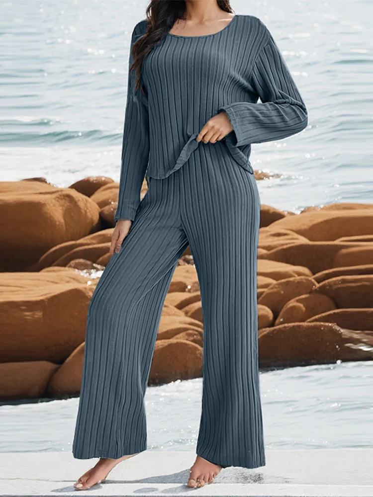 ZANZEA Homewear Leisure Pant Sets Long Sleeve O Neck Blouse Women Casual Loose Ribbed Knitted 2pcs Outfits Autumn 2-Piece Sets