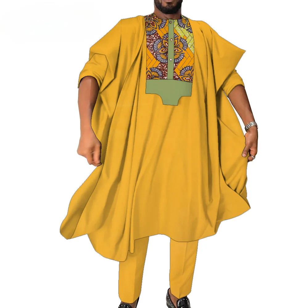 Plus Size Traditional Nigerian Agbada Robe Suit Abaya Clothes Bazin Riche Men Attire Evening Wedding African Men Dashiki Outfits