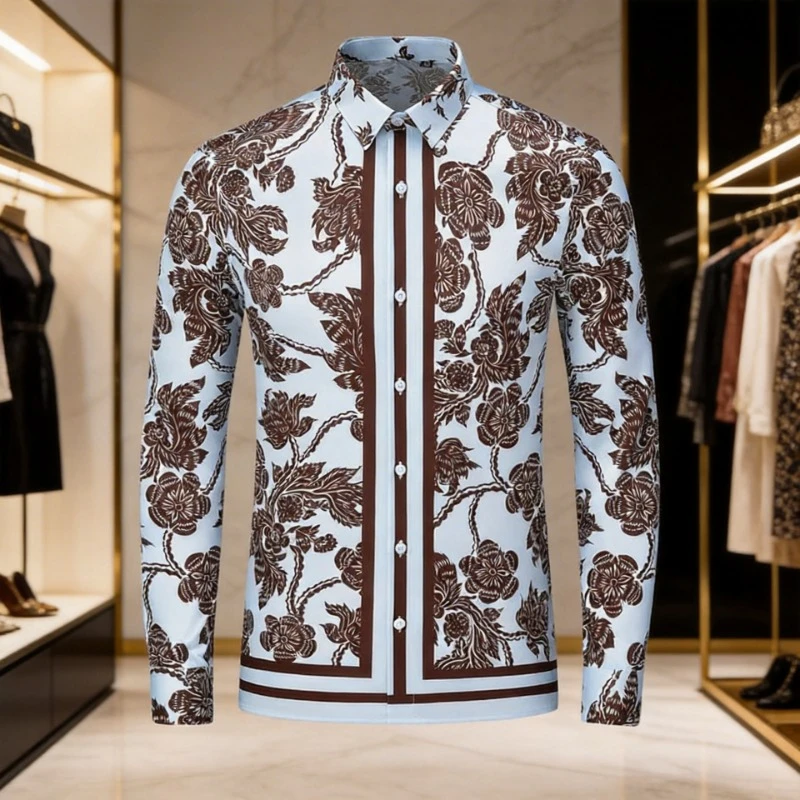 Brand Flower Printed Men's Shirt Retro Striped Long Sleeved Shirts Slim Fit Business Banquet Party Shirts Casual Streetwear Top
