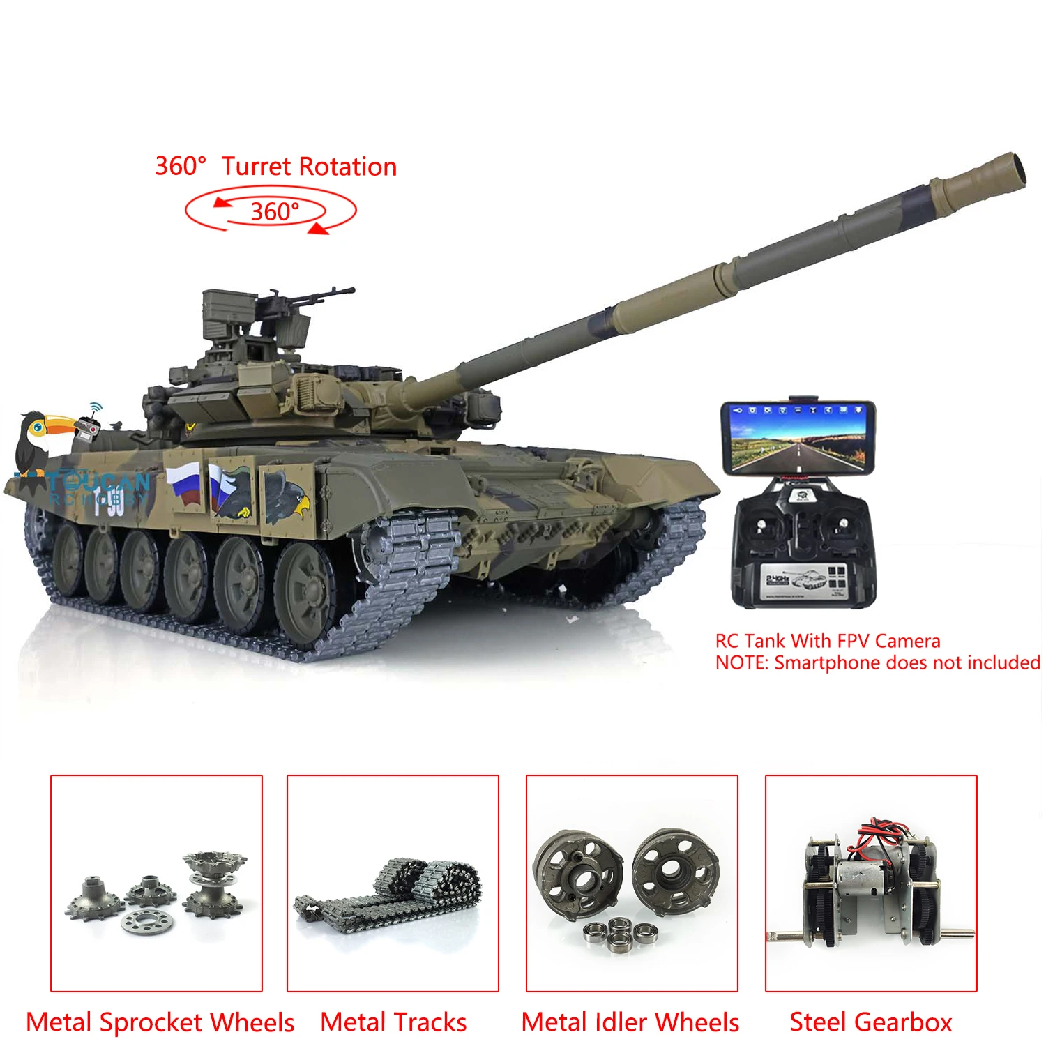 Upgraded HENG LONG 1/16 7.0 Metal Russia T90 RTR Radio Control RC Tank 3938 FPV 360° Turret RC Panzer Vehicle Model TH17852