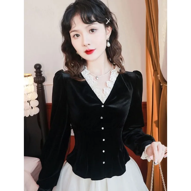 

Кружевная лоскутная рубашка в стиле ретро с длинным рукавом и v-образным вырезом с рукавами-лепестками, облегающий осенний женский топ в полный рост TT615