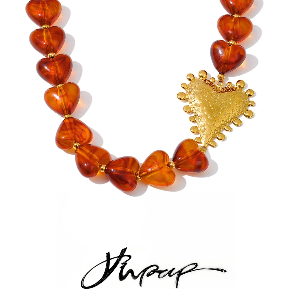 Yhpup Amber Resin Heart Love Chain Necklace Handmade Accessories for Women Stainless Steel Fashion Neck Jewelry Gift