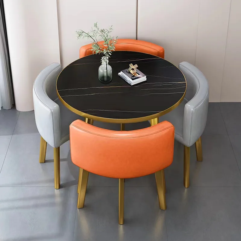 Luxury modern round dining table and chair set with metal legs, suitable for 4 people, dining room furniture