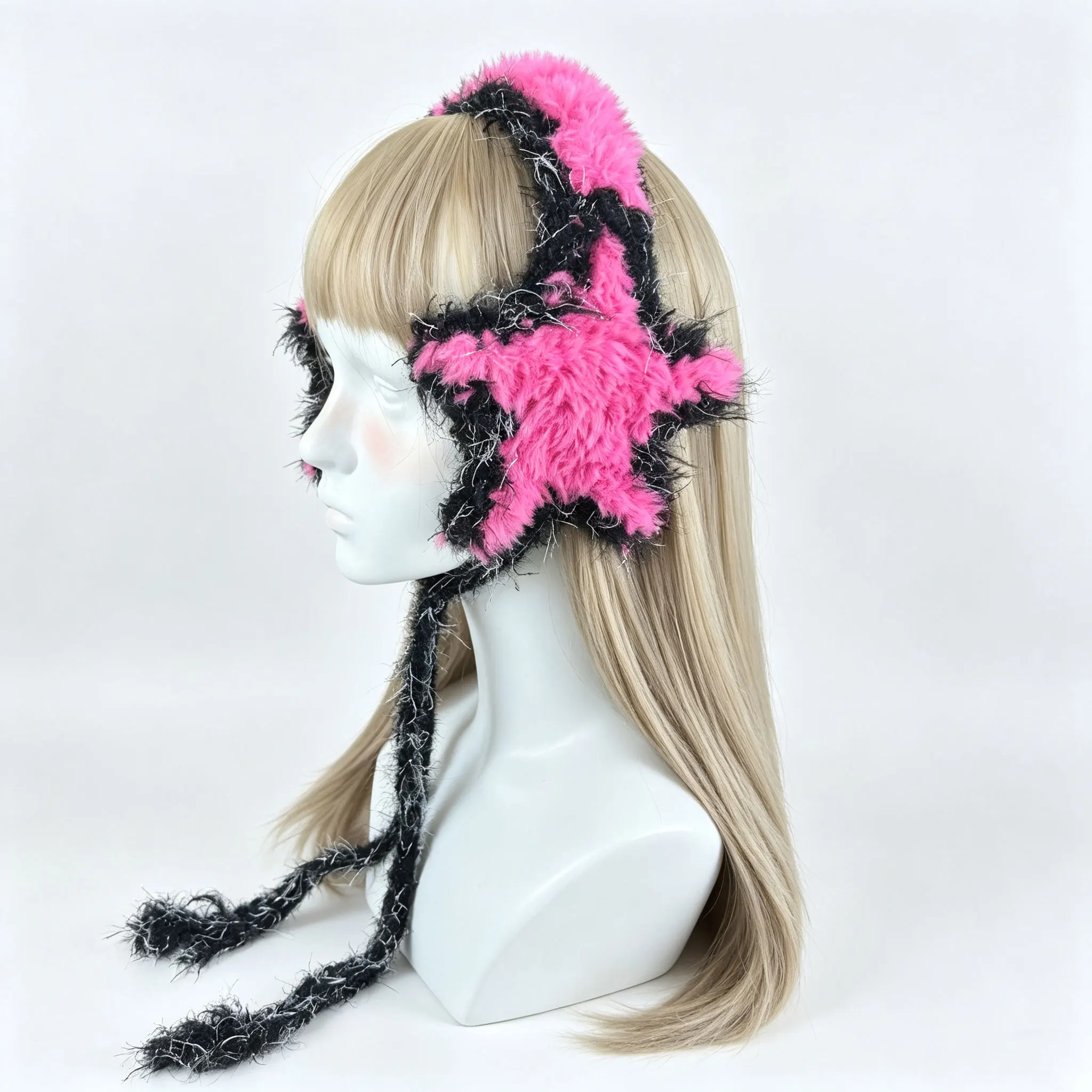 Handmade Black Pink Earmuffs Y2k Women Winter Custom Crochet Fuzzy Star Knit Ear Cover Girls Gothic Casual Warm Accessory Ladies