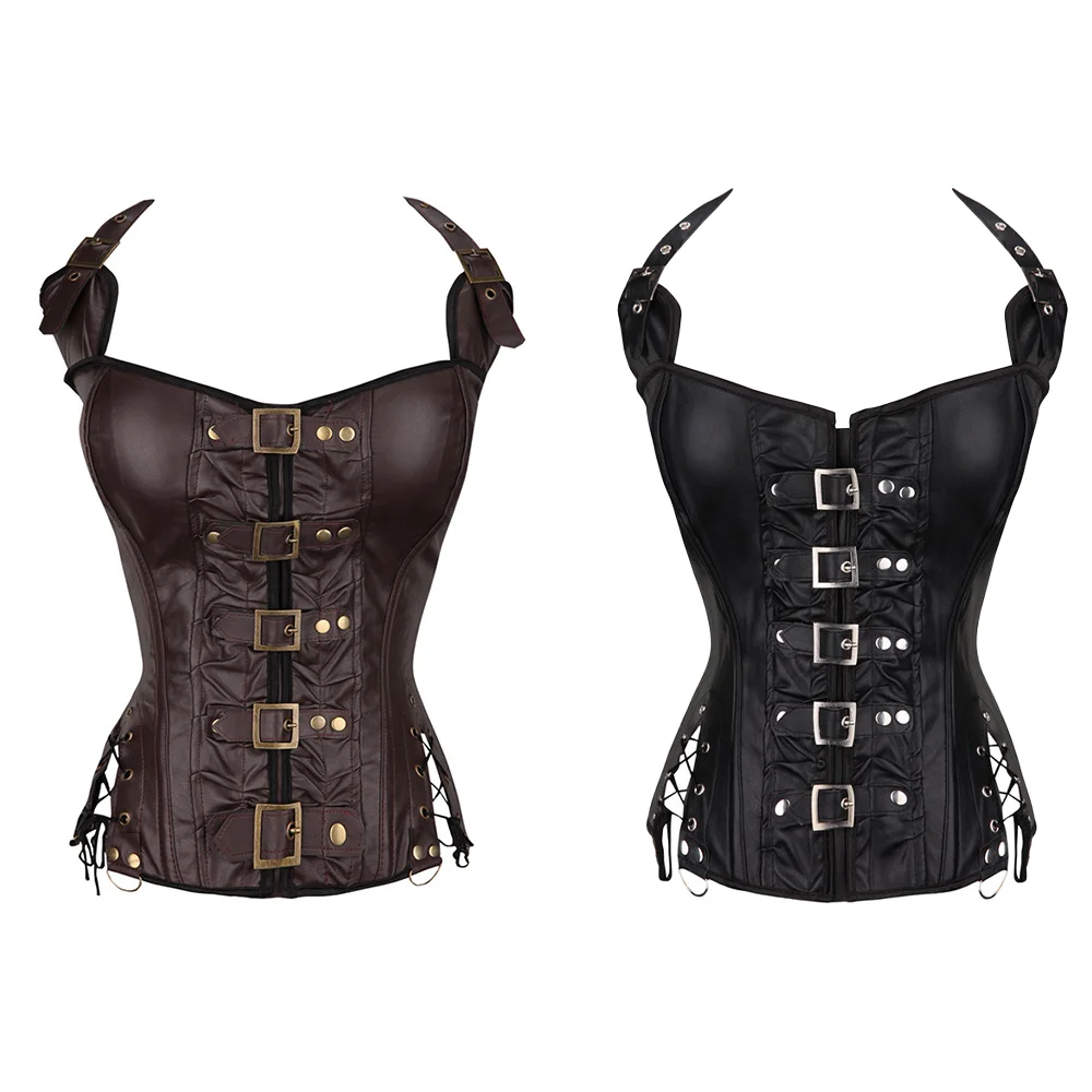 

Steampunk Faux Leather Corset for Women Vest Tops Shoulder Strap Overbust Corset Frenulum Buckled Bustier Waist Trainer Corselet