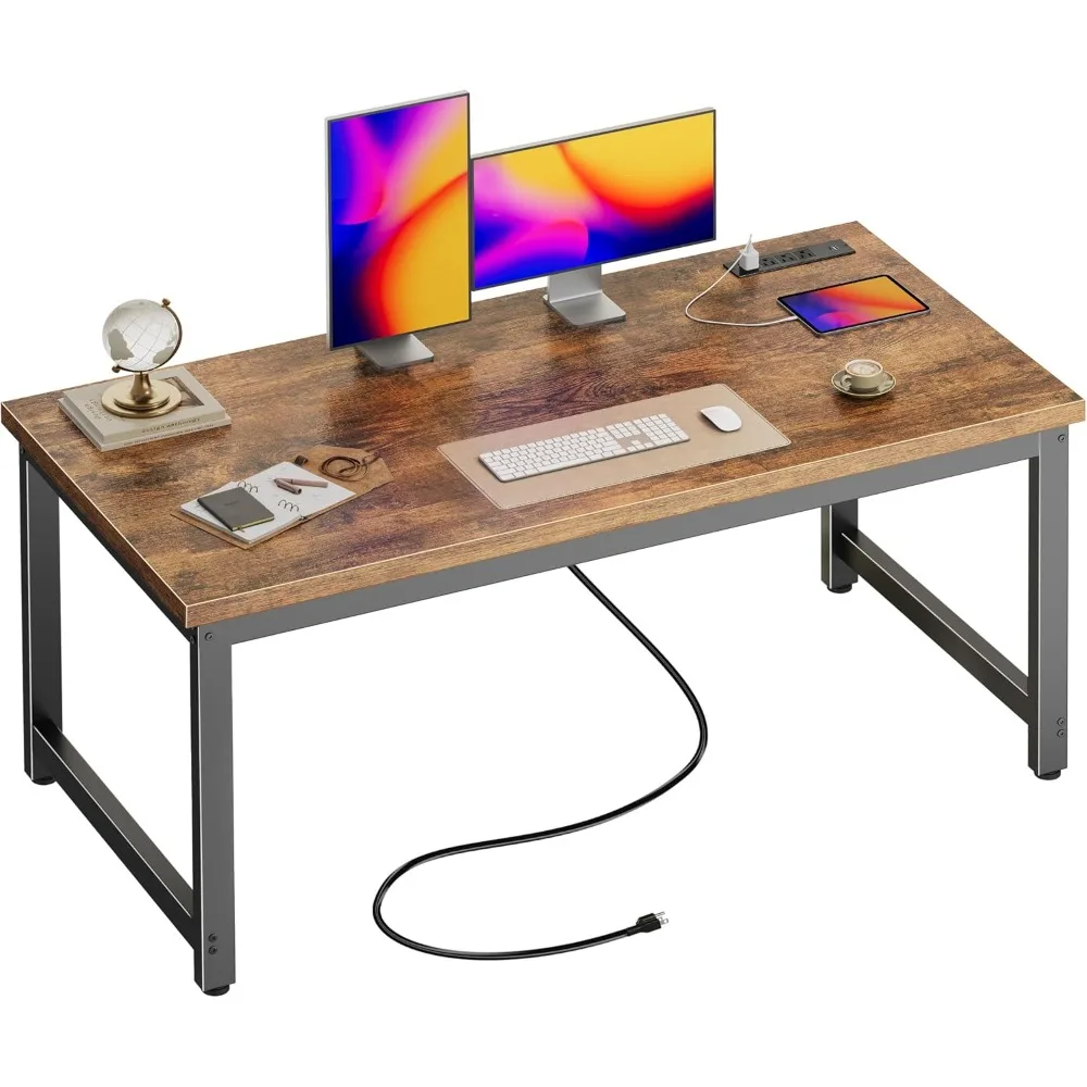 

55 Inch Large Computer Desk with Power Outlets USB-C Port Heavy Duty Office Desk Rustic Brown Gaming Work Desk for Home