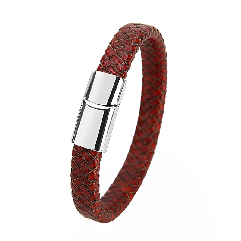 Mibrow Geflochtenes Schwarzes Leder Herrenarmband 10x5 12x6mm Größe Mode Metall Magnetverschluss Wickelarmbänder Punk Charm Herrenschmuck