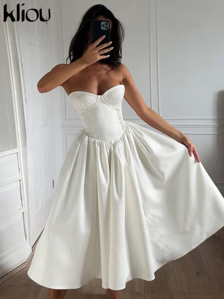 kliou Klassieke Elegante Vrouwen Maxi Jurk Beknopte Gedrapeerde Strapless A-lijn Sexy Decolleté Elegant Gewaad Vrouwelijke Trend High Street Japon