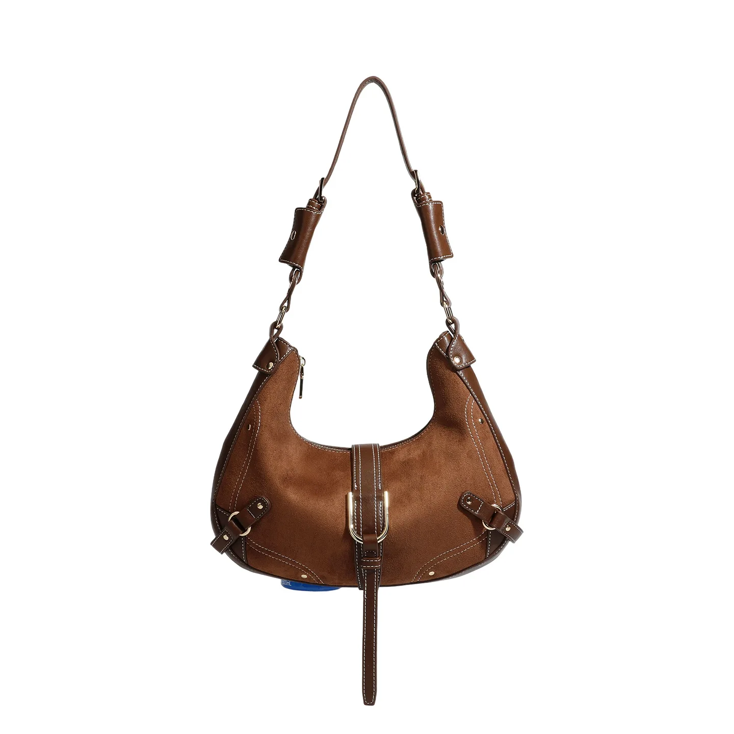 Vintage Faux Suede Half Moon Shoulder Bag Contrast Stitching Western Buckle Underarm Bag Chic Crescent Handbag For Women