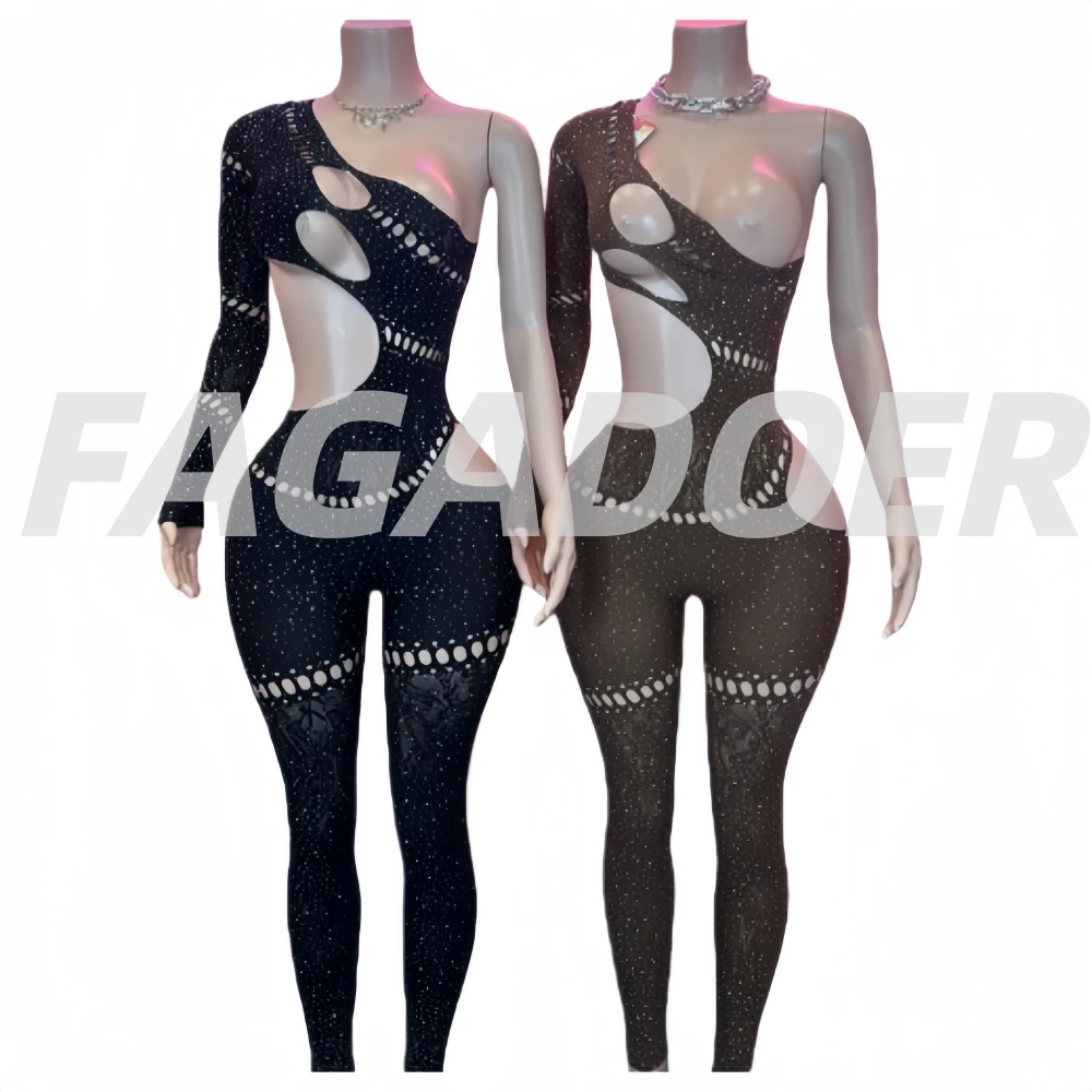 بدلة قفز مثيرة جديدة لربيع وصيف من FAGADOER بدلة قفز نسائية شفافة مرقعة من حجر الراين مفرغة ملابس خروج نسائية
