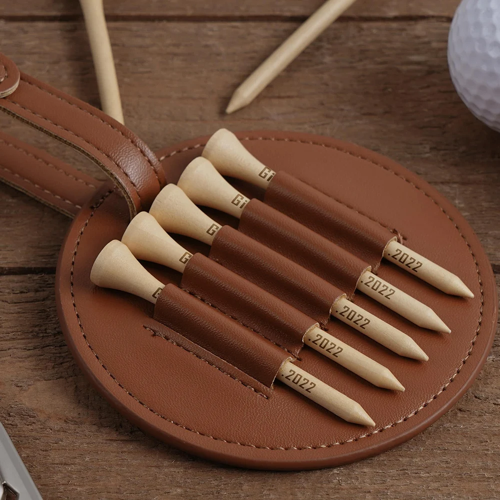 Personalized Custom Maple Wood Golf Tees PU Leather Golf Tees Storage Bag 5pcs Ball Tees Protective Bag Wedding Party Gift