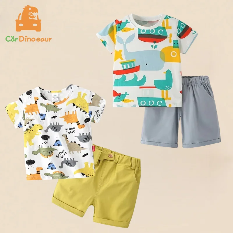 2026 Summer New 2 3 4 5 6 7 8 10 12 Years Cartoon Animal Print Cotton Handsome T-Shirt + Shorts 2 Pcs Set For Kids Baby Boys