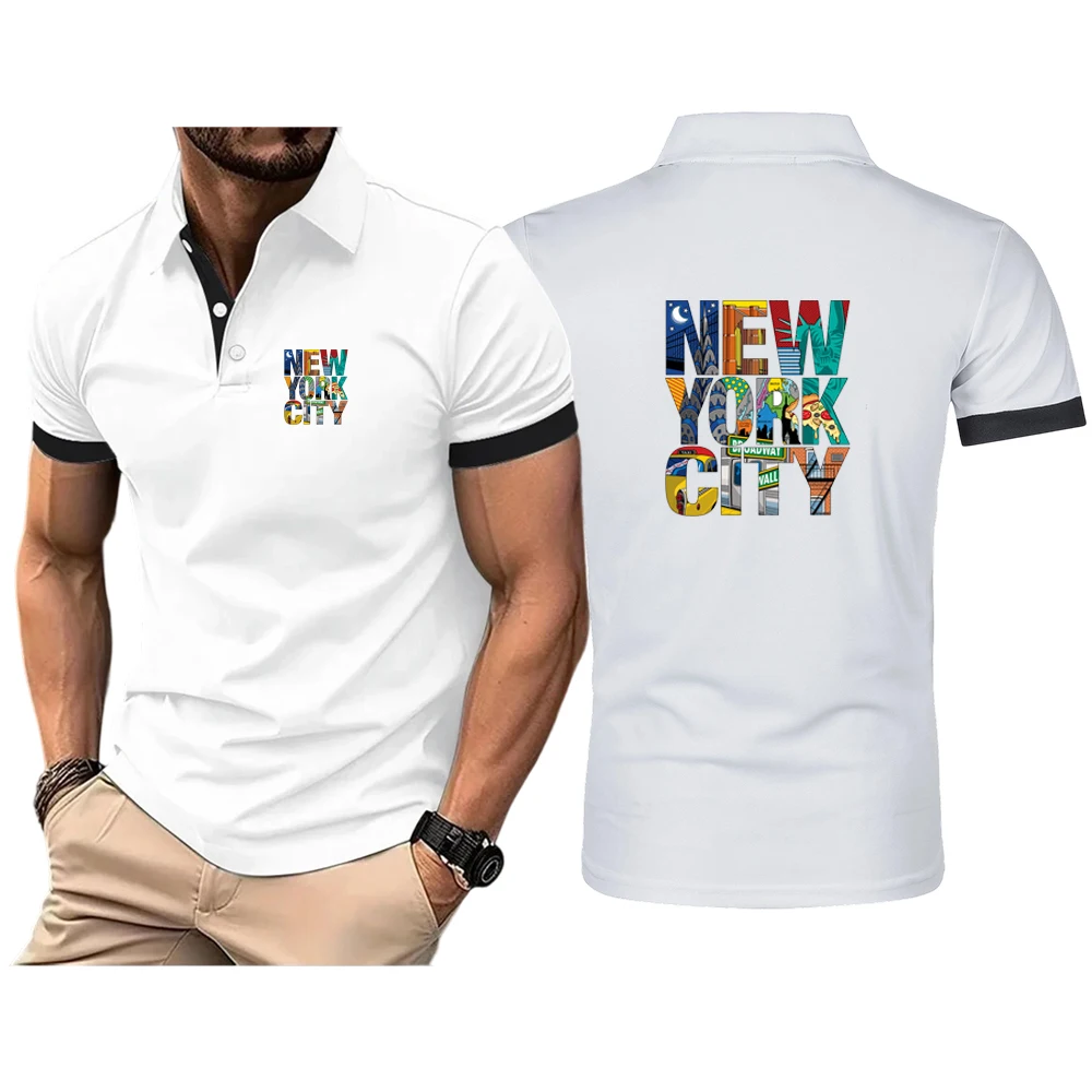 

2025 Summer Men's NEW YORK CITY Graphics Logo Print Business Casual Short Sleeved Solid Color Fashionable Breathable Polo Shirt