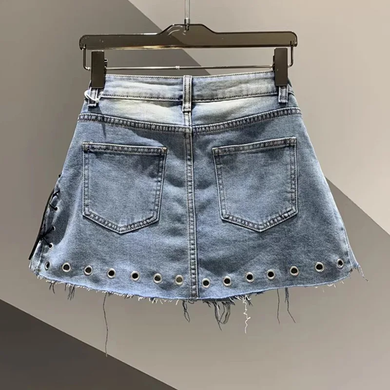 ANJY Summer New Women Trendy Fashion Safari Style A-Line Pleated Denim Skirt Stylish Frayed Edge Design Streetwear Skirts A23520