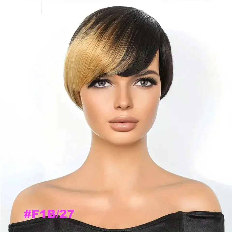 Cheap Short Pixie Cut Wig Omber #1B/27#1B/99J#1B/Bug Human Hair Wigs  For Black Women Remy Hair Full Mahine Made Human Hair Wig