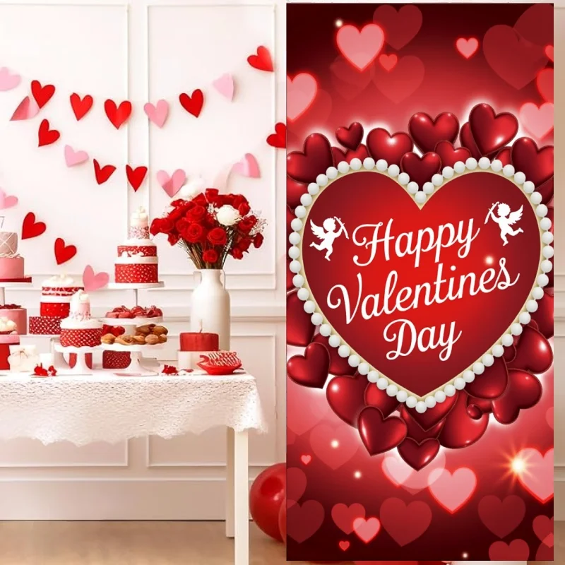 Happy Valentine’S Day Door Cover Banner Front Door Decoration Backdrop Romantic Red Love Heart Party Supplies Photo Flags