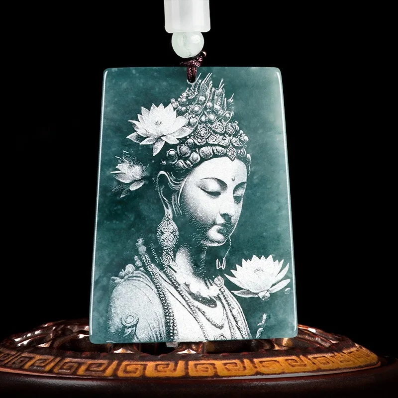 

Real Natural Grade A Jade Jadeite Lucky Carved Lotus Guanyin Buddha Square Pendant