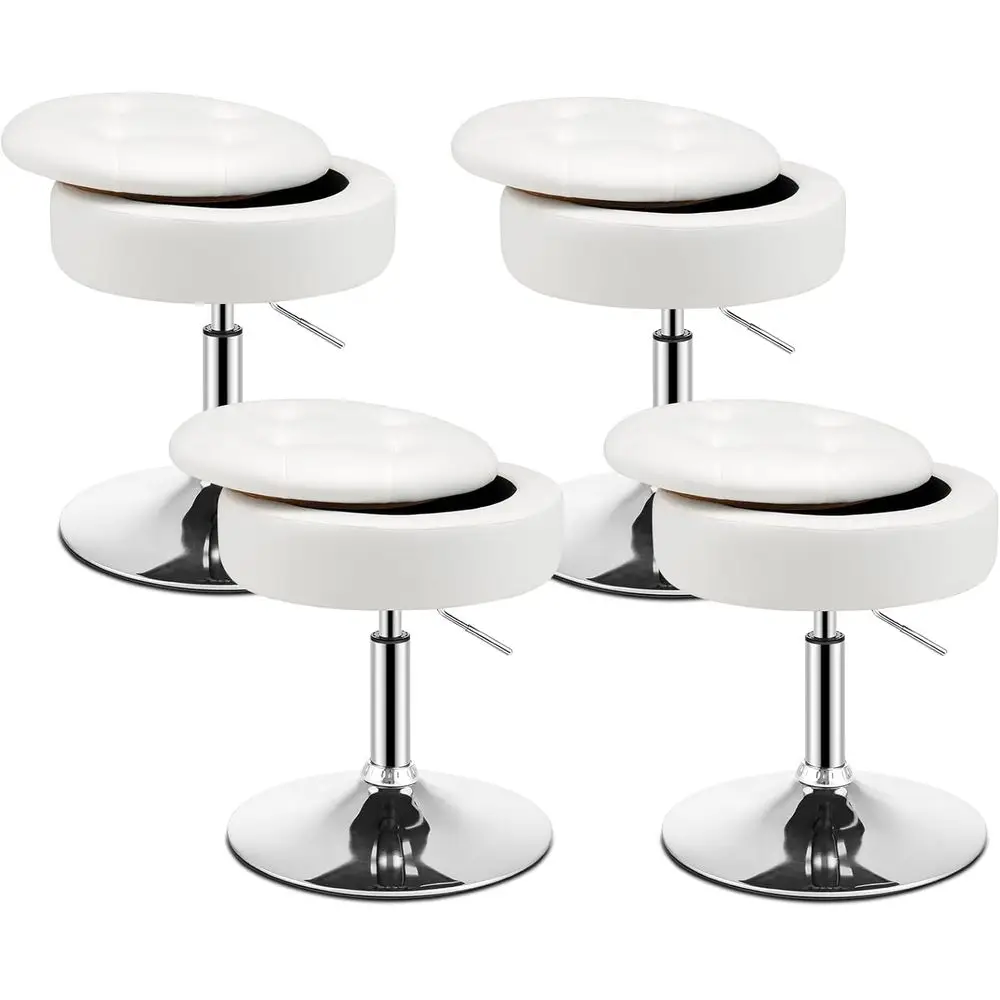 4-Piece Swivel Vanity Stool Set, 360° Rotation, Adjustable Height 20-26, Round PU Leather Ottoman with Storage, White