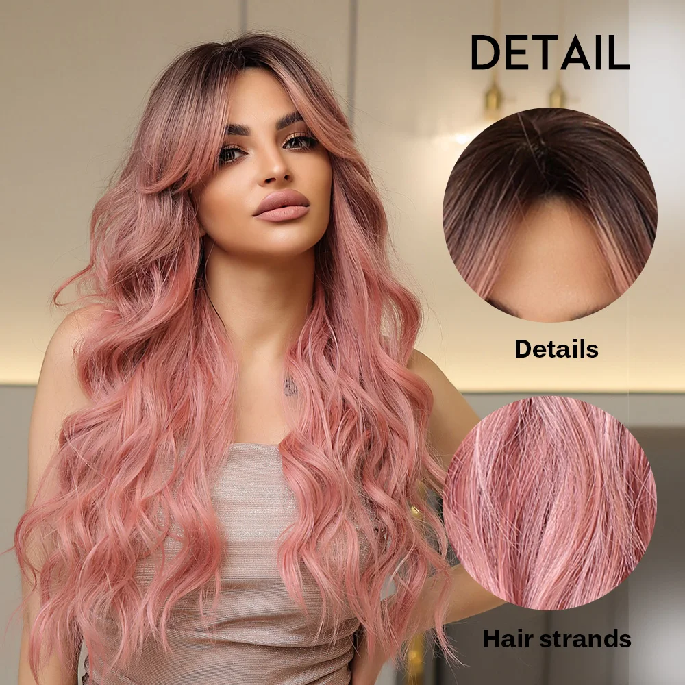 oneNonly Pink Wigs Long Wave Wigs with Bangs Cosplay Wig for Women Synthetic Wigs High Quality Party Natural Heat Resistant Hair