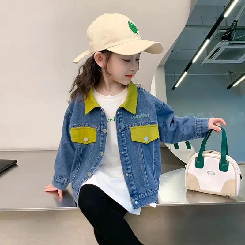 

Girls' Denim Jacket Spring and Autumn New Baby Fashionable Casual Jacket Children's Color Block Coat