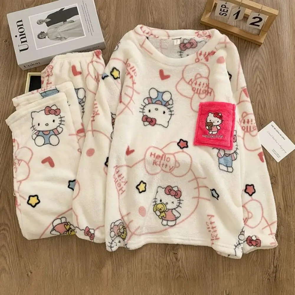Cartoon Hello Kitty Anime Women Pajamas Suit Anime Winter Girls Coral Fleece Sleepclothes Flannel Velvet Thicken Homewear Suit