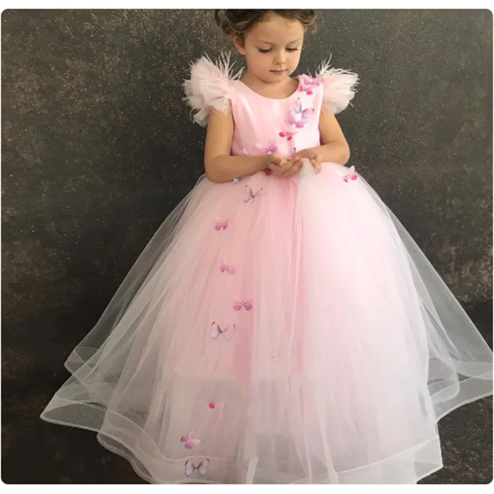 Pink Appliqué Flower Girl Dress Birthday Beauty Pageant Sacrament Baby Party First Communion Custom Princess Outfit