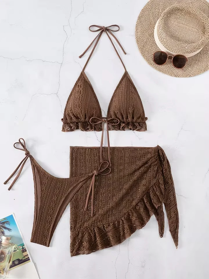 Vzvn Sexy Laced Up Solid Bikini Set Women Split Swimsuit Beach Vacation Bikini 2026 All Season Backless Bikinis Mesh 3 Piece Set