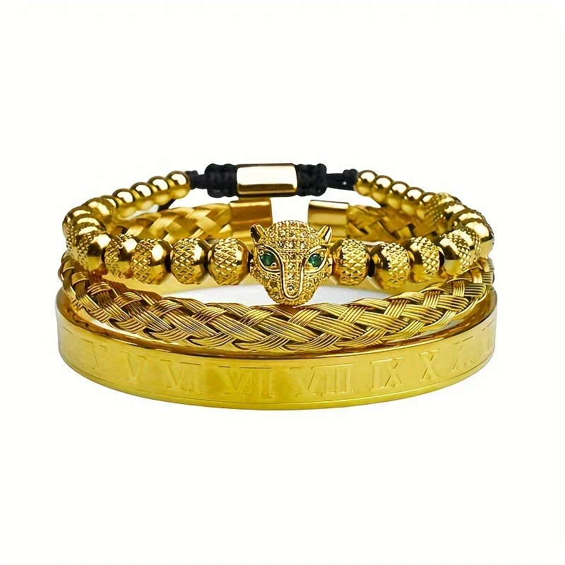 3-Piece Men's Bracelet Set: Braided Twist Bracelets Featuring Black Panther and Zircon-Studded Pineapple Beads, Plus Roman Numeral Accents.
