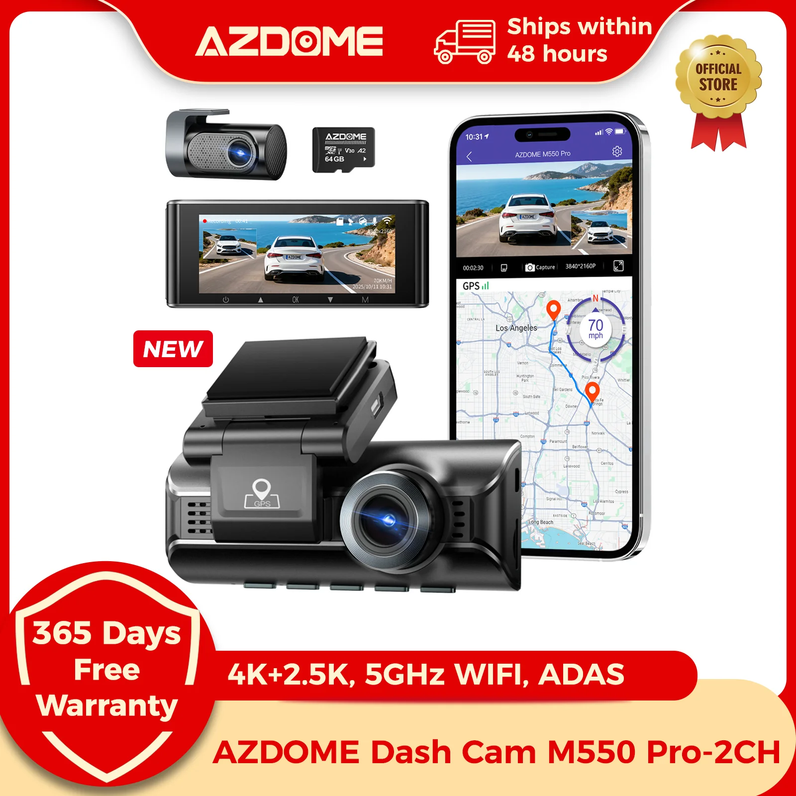 Cámara para Auto AZDOME 4K M550 Pro-2CH, Cámara Trasera 2.5K, GPS, WiFi 5GHz, DVR para Auto con WDR, Visión Nocturna, Sensor G, Monitor de Estacionamiento, Tarjeta de 64GB