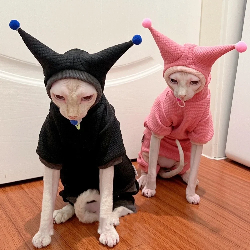 Waffle Sweatshirt Hat Suit for Sphynx Cat Winter Warm Black Blue Pink Coat for Kittens Spring Soft thick Jacket for Devon Rex