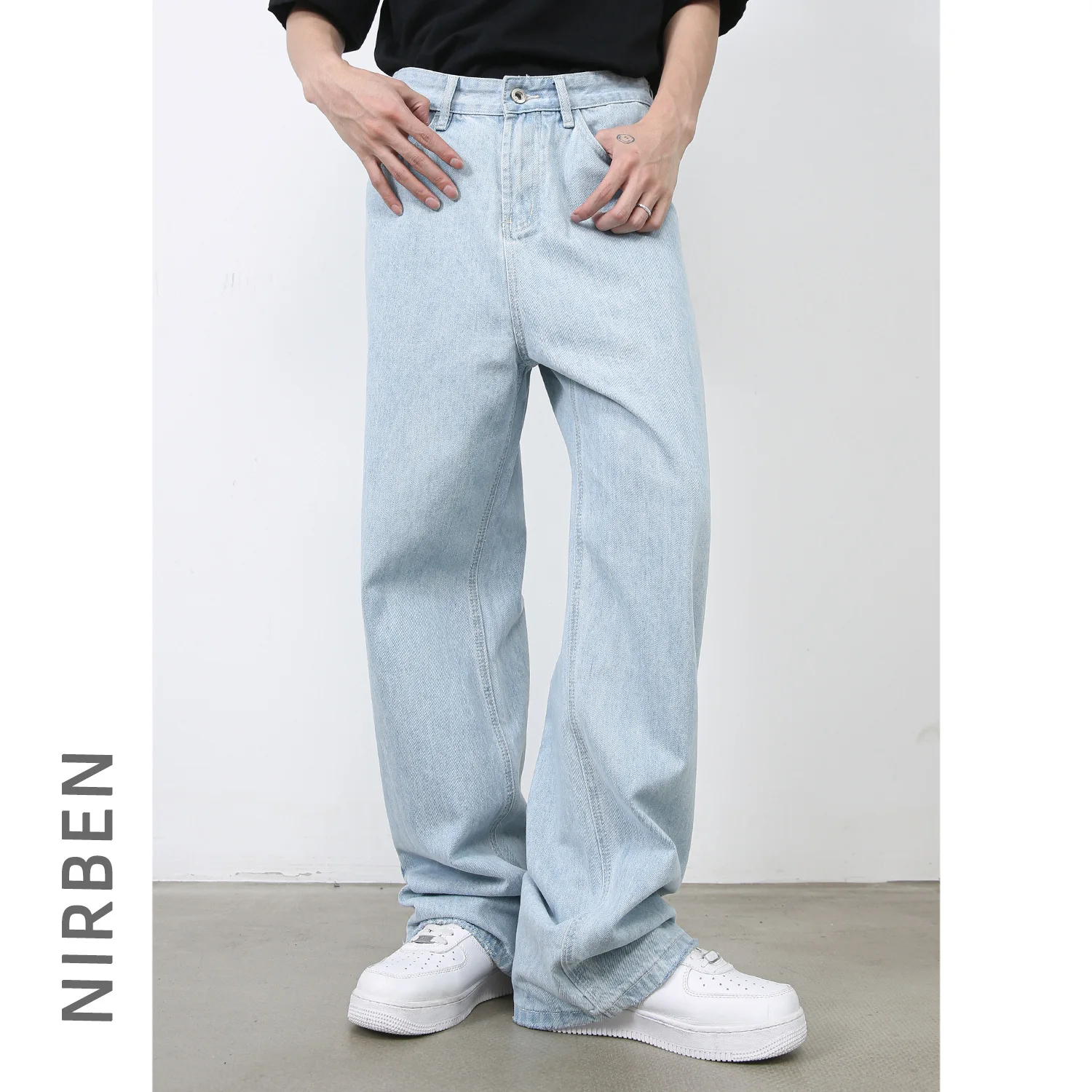 Trendy Brand Retro Light Blue Straight Jeans Men's Loose Wide-leg Pants Washed Versatile Trousers